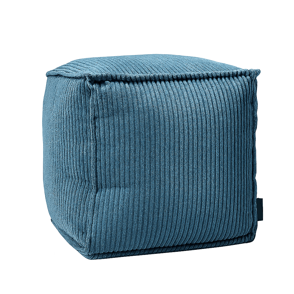 Pouf carré en velours côtelé bleu fermé, vu de face