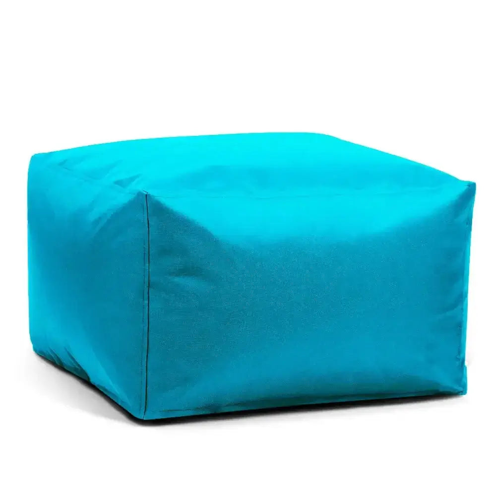 Carré pouf imperméable bleu, idéal pour l'extérieur, résistant aux intempéries et parfait pour la détente.