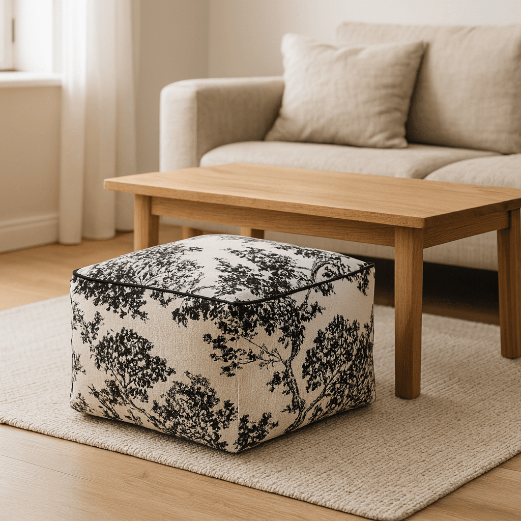 Pouf carré Ramure sur fond blanc, housse décorative en tissu chenille noir et blanc motif nature