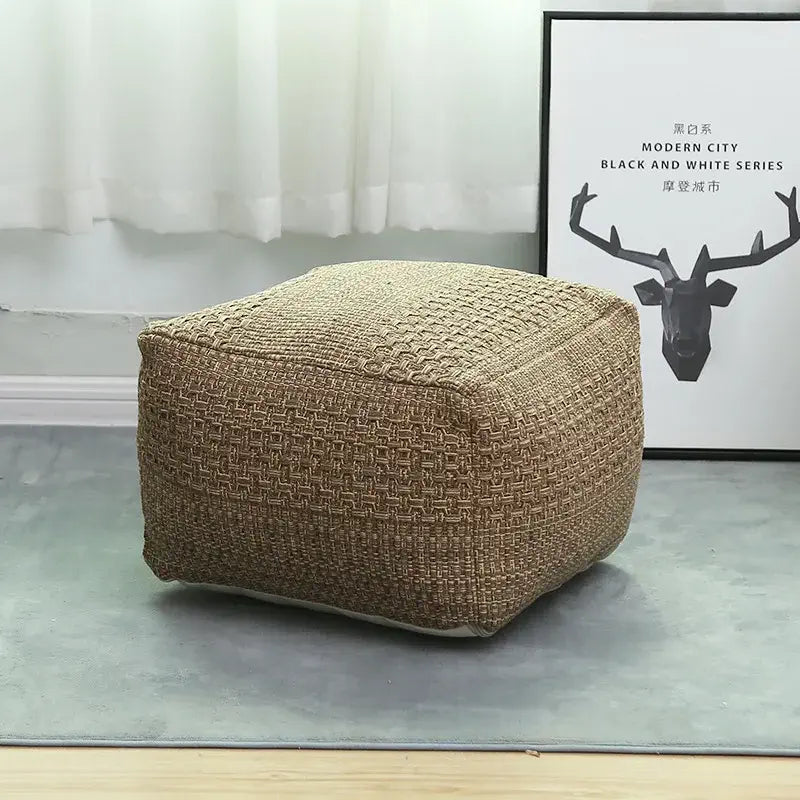 Pouf carré marocain Sahara en lin naturel, décoration bohème chic