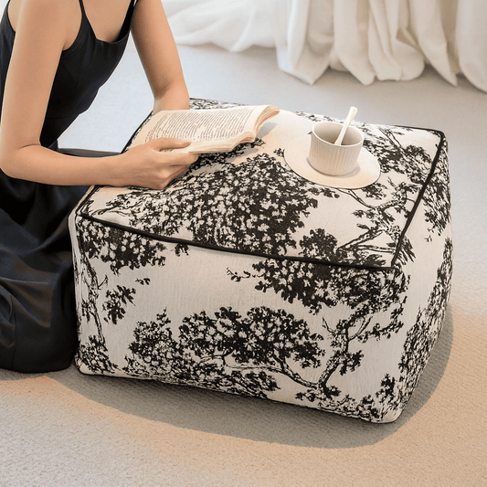 Pouf carré déco chambre, tissu épais et imprimé arbre noir sur fond écru