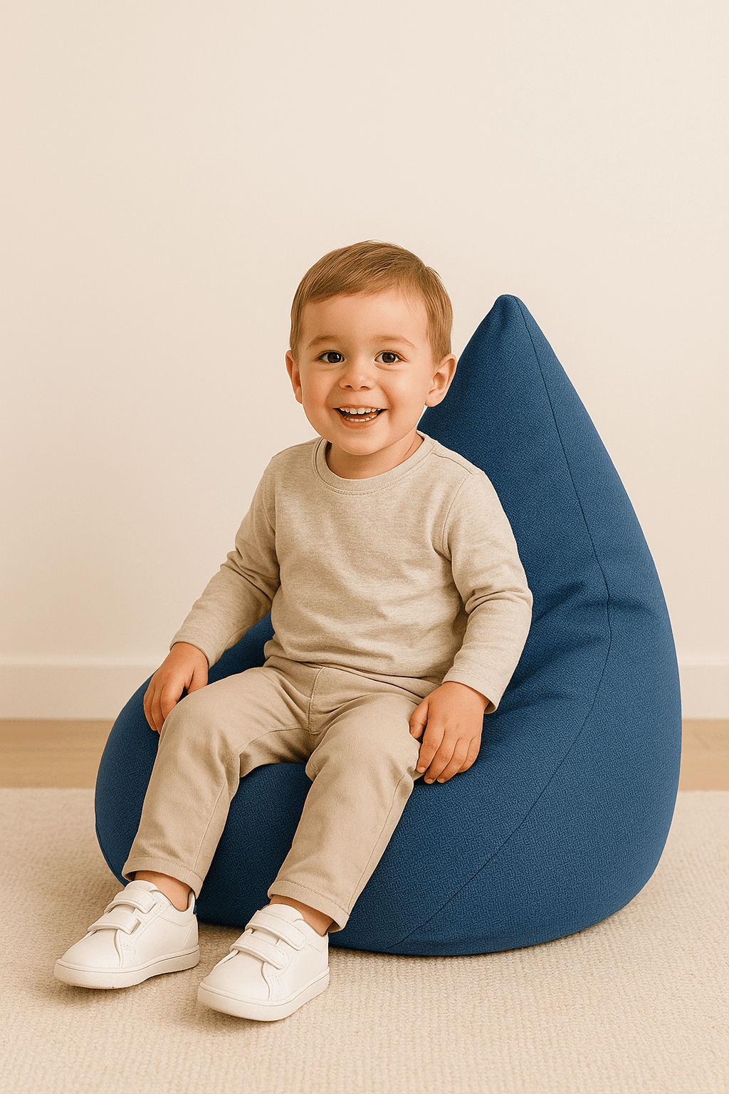 Enfant souriant assis sur un pouf confortable dans une chambre chaleureuse, coup de cœur Maison du Pouf