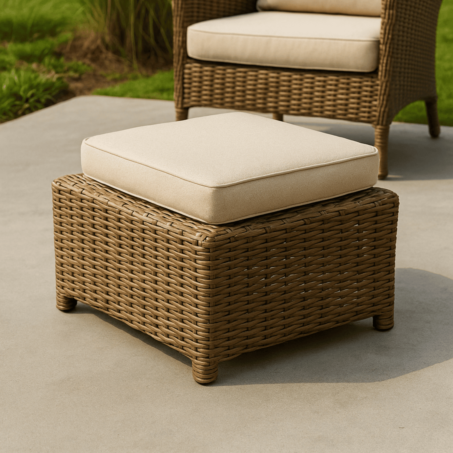 Pouf d’extérieur en osier naturel sur terrasse ensoleillée, Maison du Pouf
