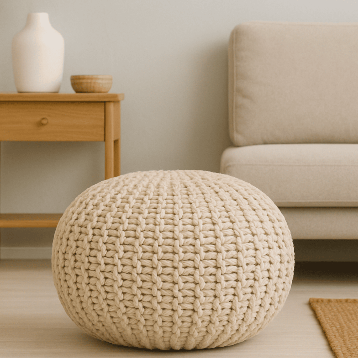 Pouf en tricot beige dans un salon moderne, modèle confortable de Maison du Pouf