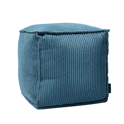 Pouf carré en velours côtelé bleu fermé, vu de face