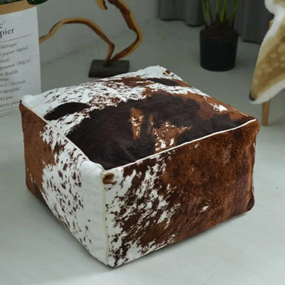 Pouf carré style vachette bohème chic en tissu décoratif